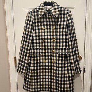 J. Crew Oxford Check Coat Double Breasted Gold Tone Buttons Size 6 100% Wool
